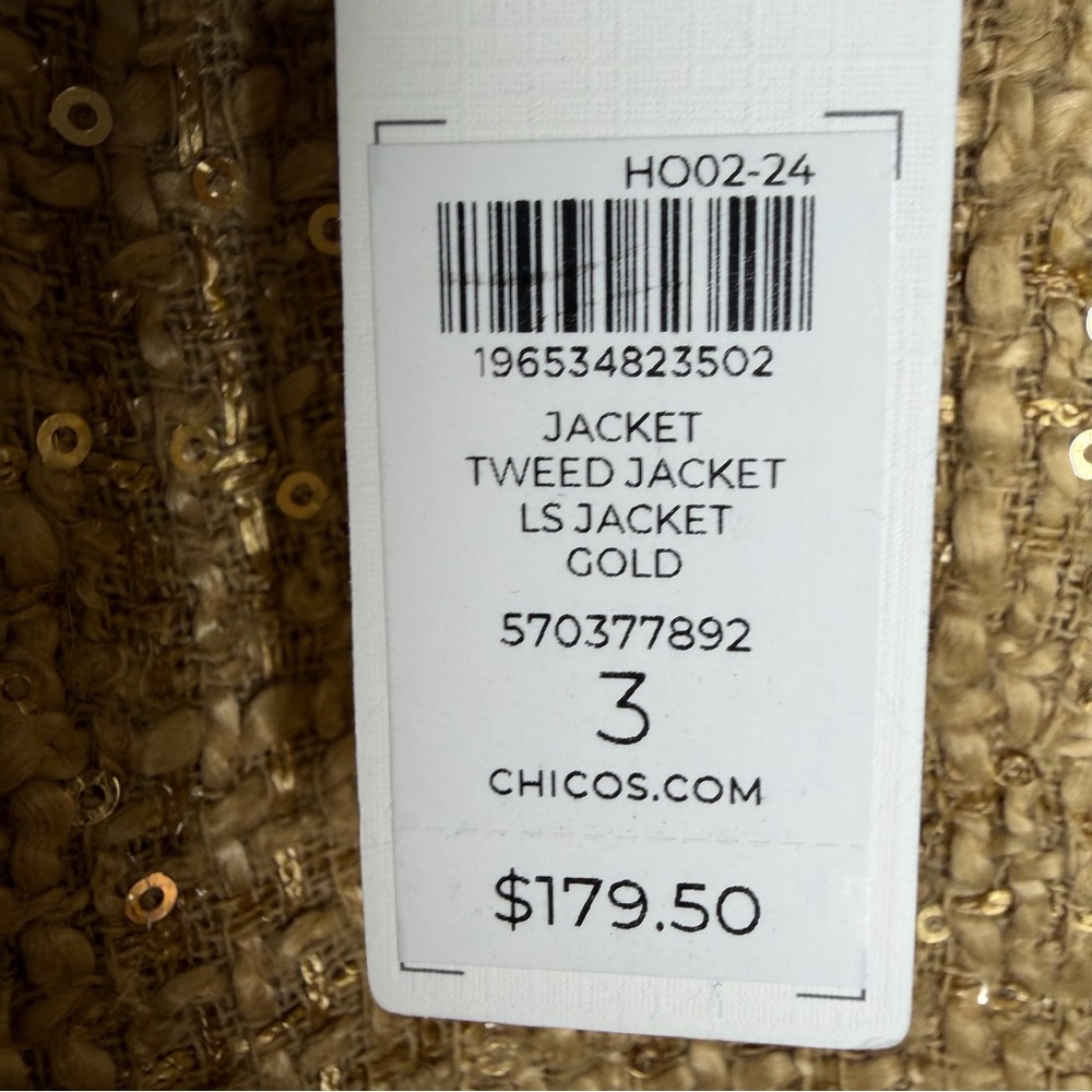 Chico’s Gold Tweed Sequin Jacket Size 3 NWT Sparkle Blazer - Picture 9 of 13
